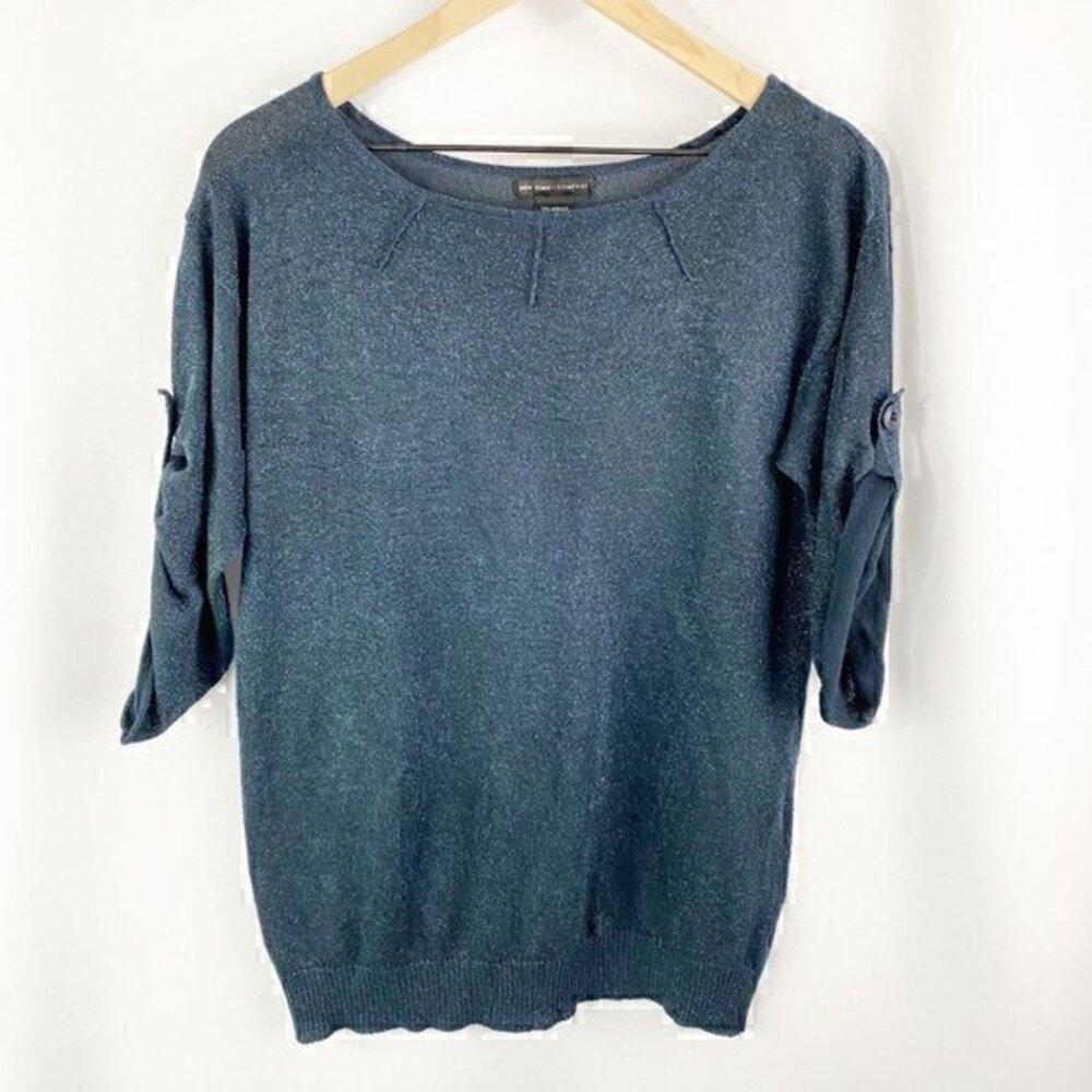 New York & Company‎ Metallic Roll Tab Half Sleeve Knit Sweater Blue Small